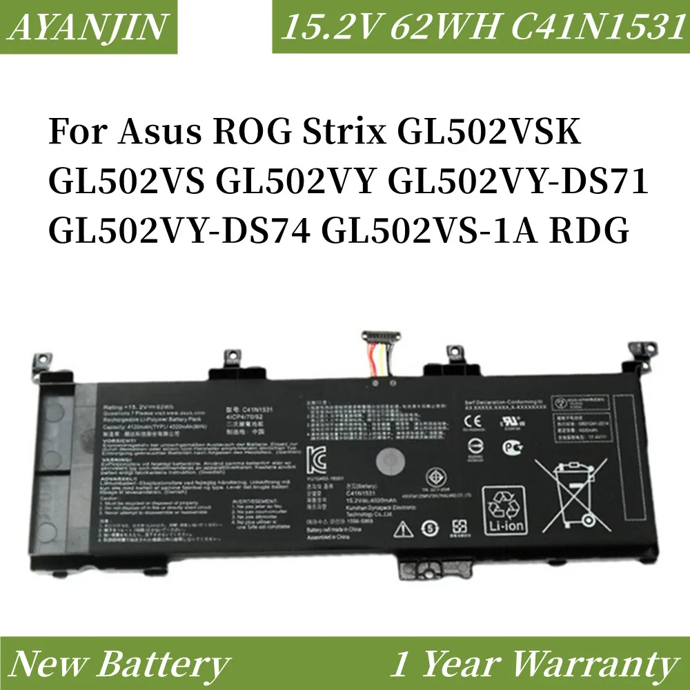 C41N1531 15,2 V 62Wh Аккумулятор для Asus ROG Strix GL502VSK GL502VS GL502VY GL502VY-DS71 RDG
C41N1531 15,2 V 62Wh Аккумулятор для Asus ROG Strix GL502VSK GL502VS GL502VY GL502VY-DS71 RDG