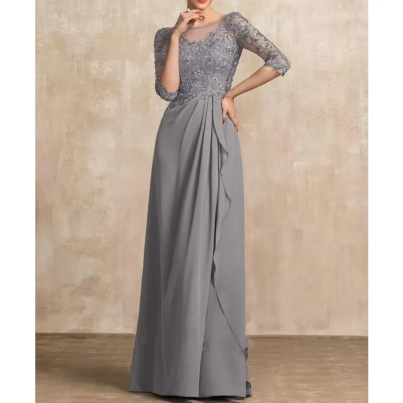 

Wakuta Mother of The Bride Dresses 3/4 Sleeve Lace Appliques Wedding Guest Dresses Scoop Pleated Long Formal Evening Gown