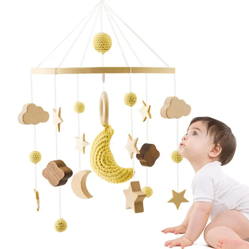 

Nursery Bed Bell Mobile Newborn Wind Bell Wooden Prevent Crying Soother Toy Crib Bell With Shape Recognition Rotating Nursery To