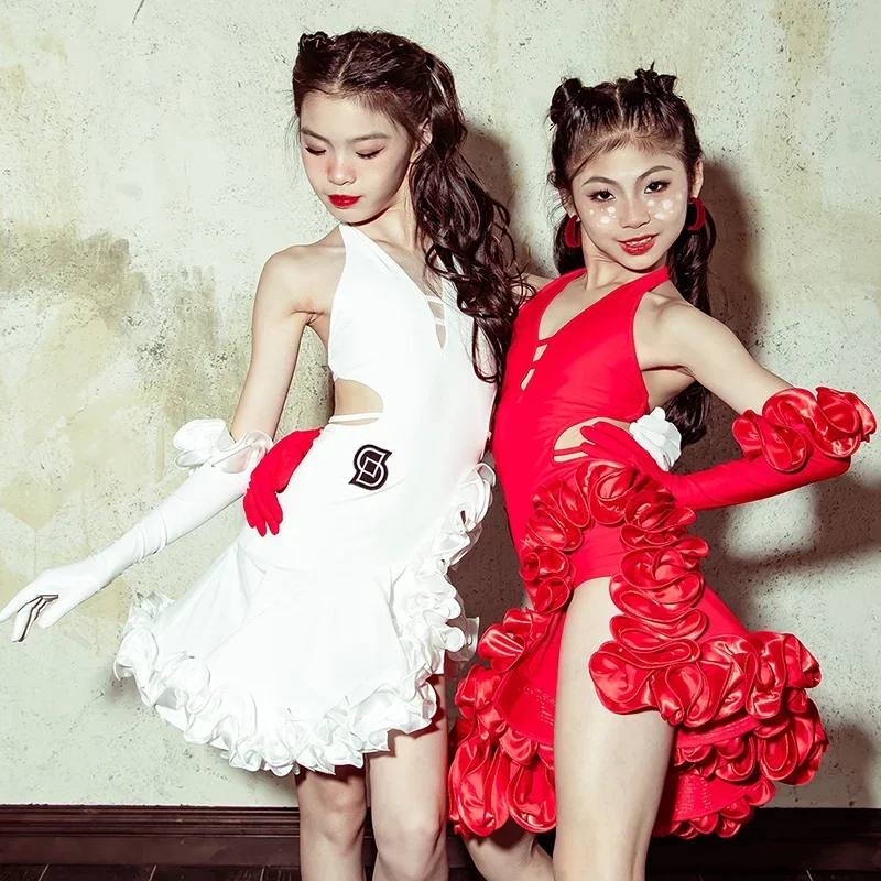 

2024 Girls Latin Dance Competition Dress Red White Floral Performance Costume Rumba Ballroom Dance Clothes Stage Wear
