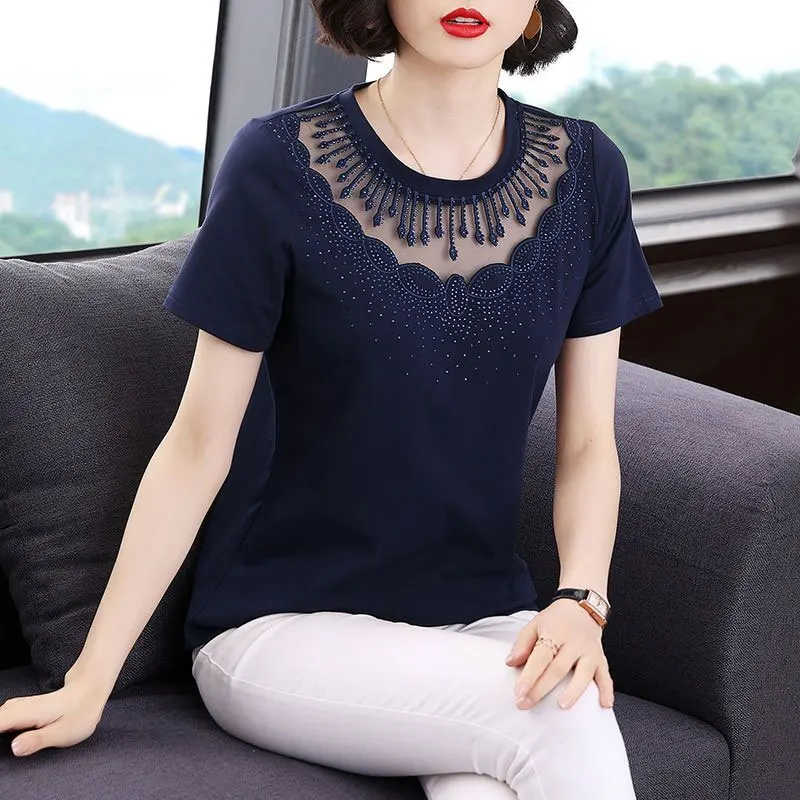 Female Clothing Stylish Diamonds T-shirt Embroidery Sexy Gauze Hollow Out Spliced Summer Casual Short Sleeve Straight Pullovers
Female Clothing Stylish Diamonds T-shirt Embroidery Sexy Gauze Hollow Out Spliced Summer Casual Short Sleeve Straight Pullovers