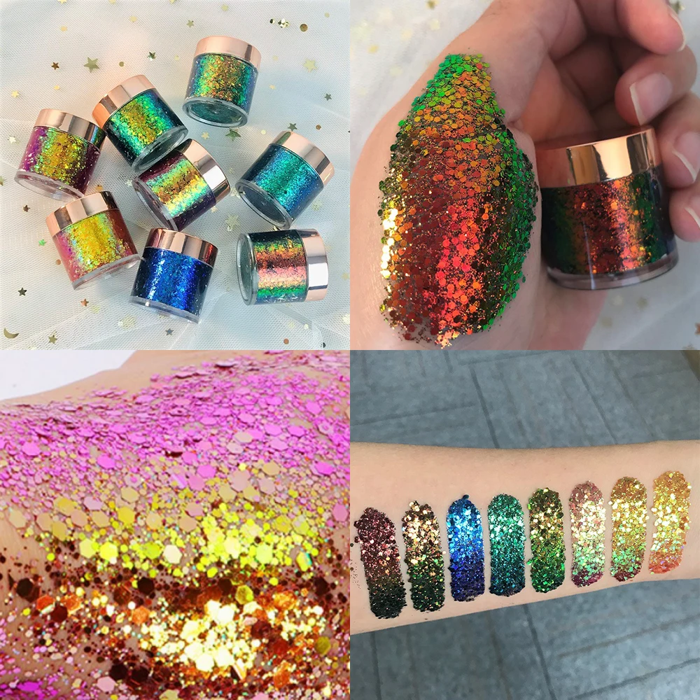 8 Colors Chameleon Eyeshadow Glitter Sequins Pink Blue Gold Pigment Body Face Makeup Shimmer Shiny Festival Party Eye Cosmetic
8 Colors Chameleon Eyeshadow Glitter Sequins Pink Blue Gold Pigment Body Face Makeup Shimmer Shiny Festival Party Eye Cosmetic