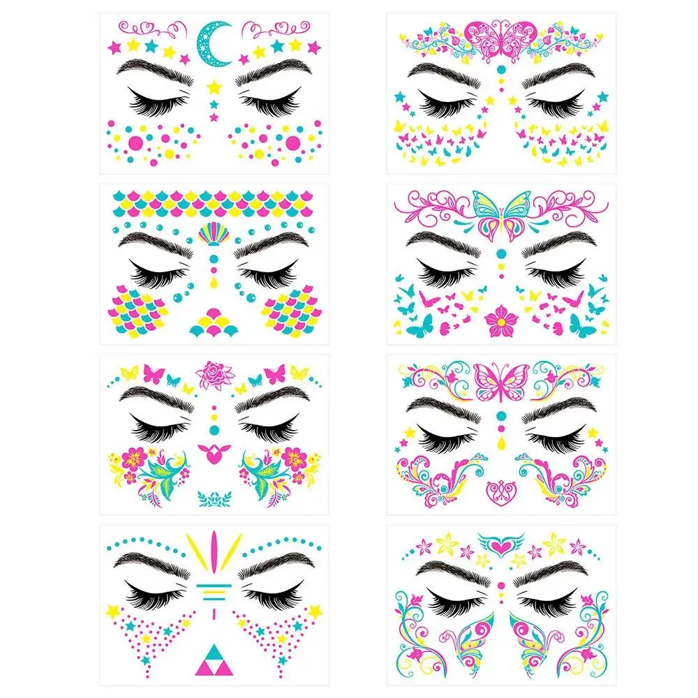 New Face Stickers Glow in The Dark Waterproof Glowing Tattoos Face Body Paint Temporary Decorations Stickers Nightclub
New Face Stickers Glow in The Dark Waterproof Glowing Tattoos Face Body Paint Temporary Decorations Stickers Nightclub