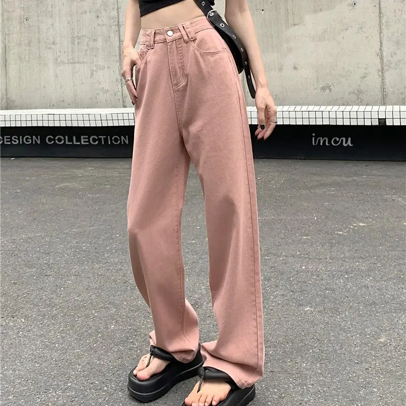 

2023 Autumn Long Loose Straight Leg Denim Pants for Women Button Fly Wide Legs Jeans Korean Style Female Trousers Pink White