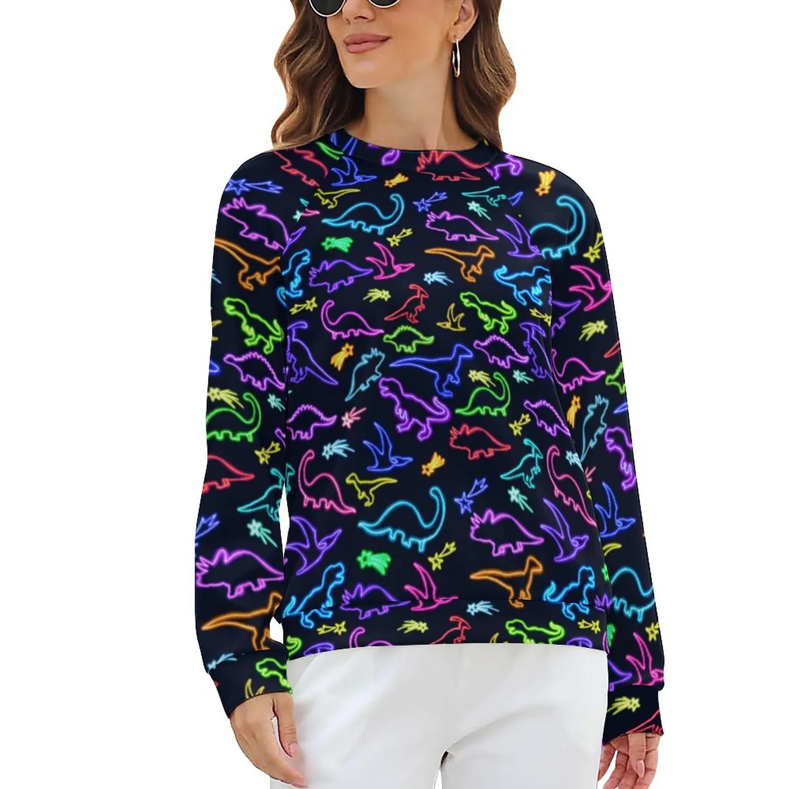 

Neon Dinosaurs Casual Hoodies Spring Rainbow Animal Print Kawaii Hoodie Women Long Sleeve Oversized Hip Hop Graphic Sweatshirts
