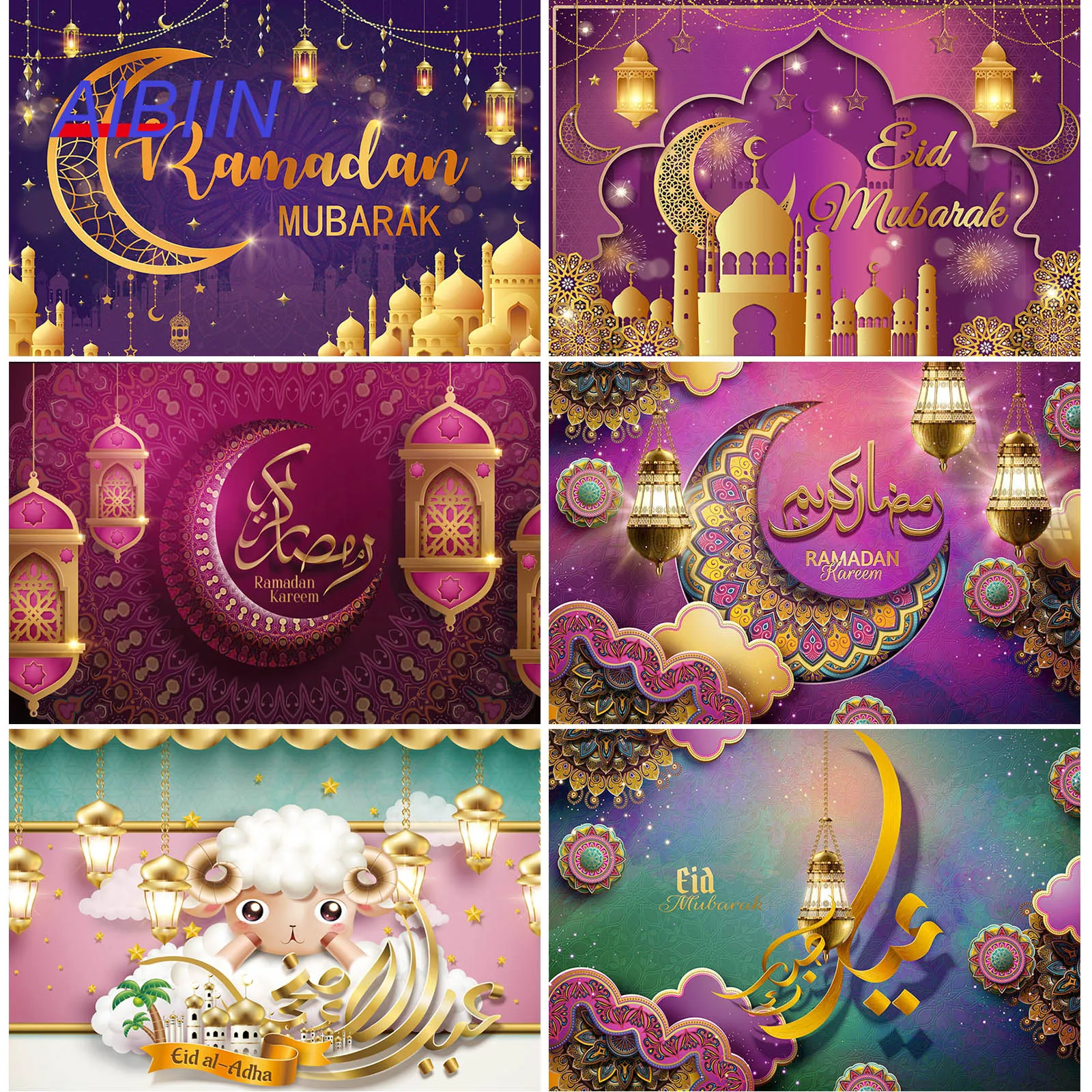 

Purple Eid Mubarak Photography Background Moon Castle Ramadan Arabian Nights Eid al-Fitr Backdrop Party Decor Photo Studio