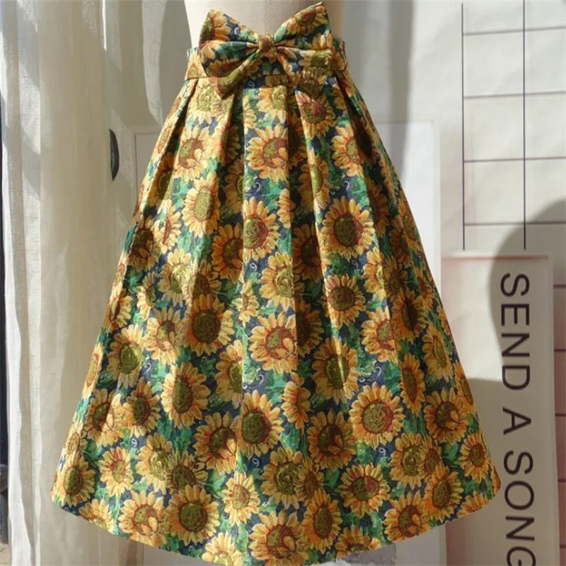 

Retro sunflower print high waist skirt women autumn new fashion three-dimensional jacquard tutu skirt umbrella skirt