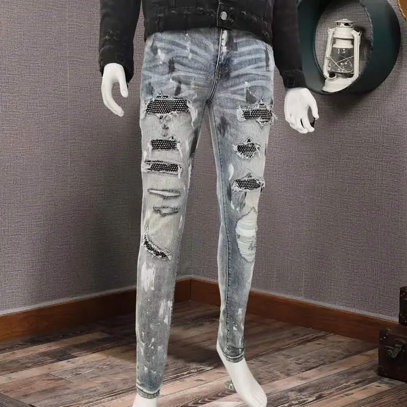 

Hip Hop Style Trouser For Men Ripped Hole Design Stretchy Jean Rhinestones Splashing Ink Patchwork Male Pantalon Vaqueros Hombre