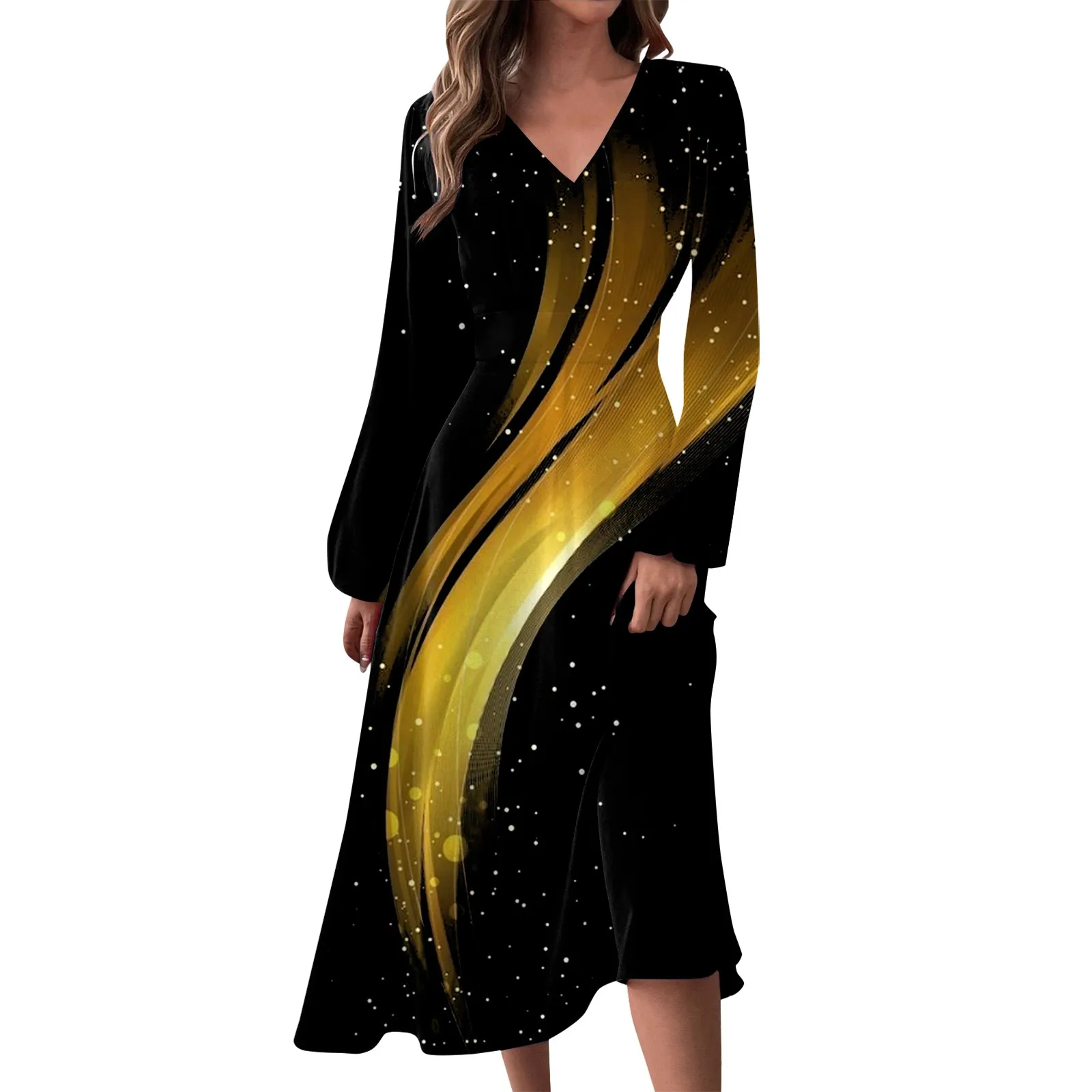 

New Autumn Elegant Print Midi Dress Women Flare Sleeve Slim Mermaid Spring New French Vintage Wedding Party Vestidos Robe Mujers