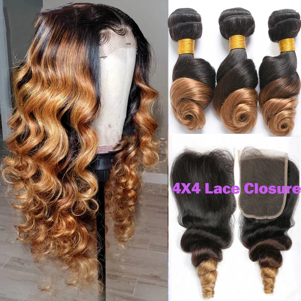 

SPARK 1B/4/27 1B/4/30 Brazilian Loose Wave Hair Bundles 100% Human Hair Ombre Bundles With Closure 4x4 Lace Closure With Bundle