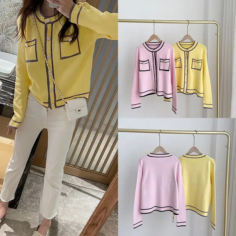 

Yellow Xiaoxiangfeng Knitted Cardigan 2023 Early Autumn New Thin Style Slim Fashion Versatile Short Sweater Coat Women