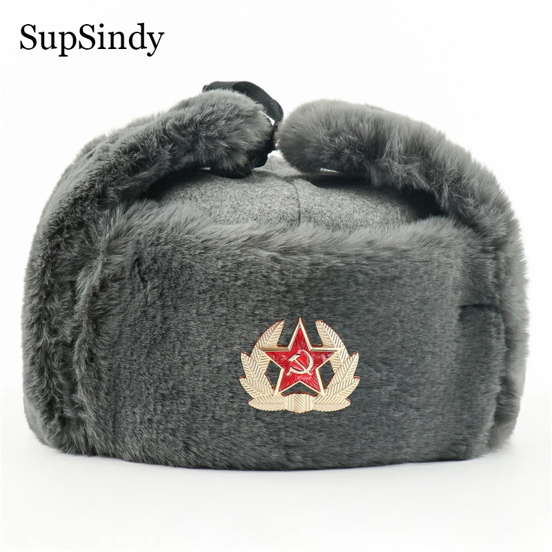 

SupSindy Soviet Badge Ushanka Men Winter Bomber Hats CCCP Pilot Faux Rabbit Fur Earflap Army Trapper Trooper Hat Russia Snow Cap