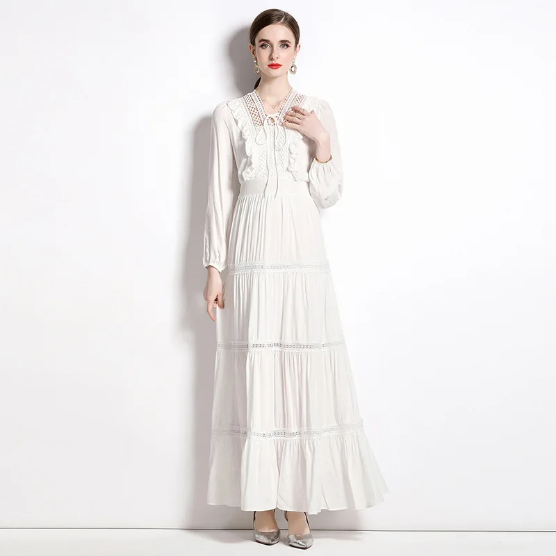 #2481 Spring White Beach dress Women V-neck Hollow Out Spliced Ruffles Pleated A-line Dress Vintage Long Dress Sexy High Waisted
#2481 Spring White Beach dress Women V-neck Hollow Out Spliced Ruffles Pleated A-line Dress Vintage Long Dress Sexy High Waisted