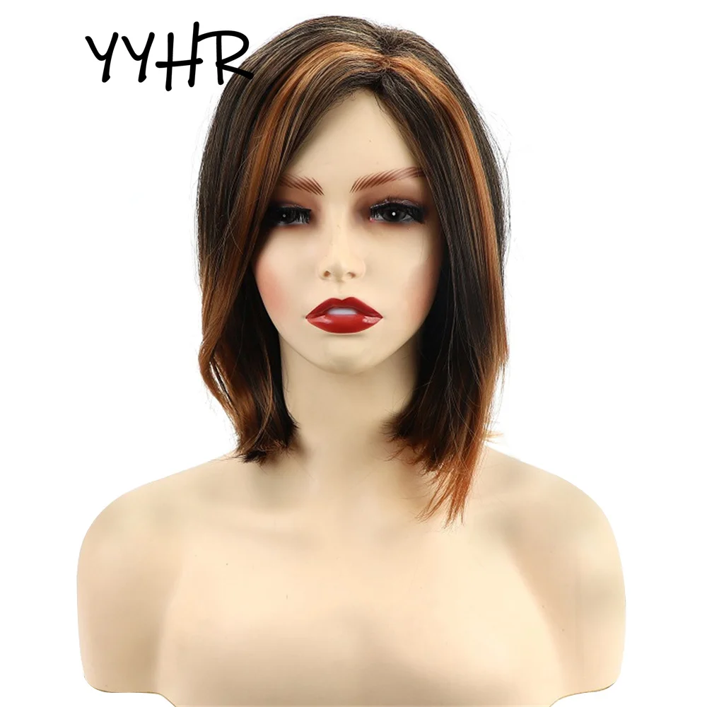 

Short Bob Synthetic Wig for Women Natural Straight Brown Highlight Golden Piano Wig Good Quality Side Part Daily Hairstyle Wigs