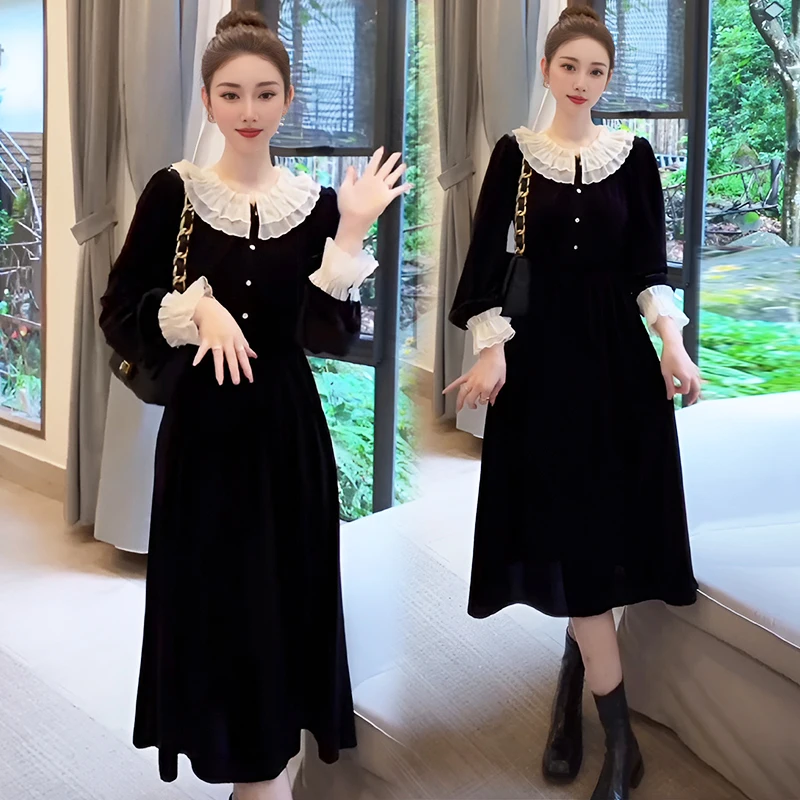 

2023 Autumn French Hepburn Style Dress Women's Ruffle Collar High Waist Contrast Velvet Skirt Mid length Skirt