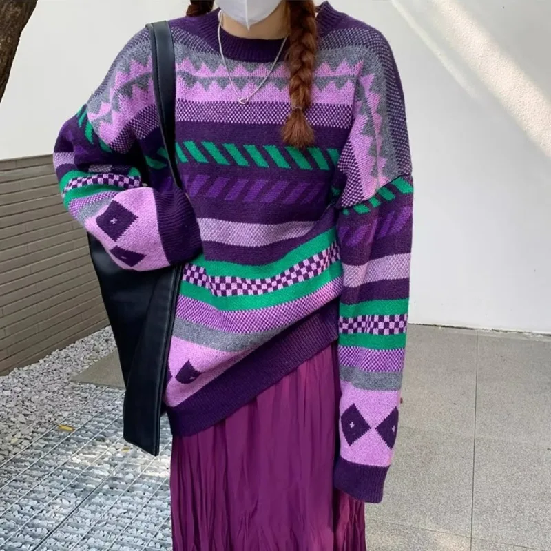 Women Vintage Knitted Sweater Fashion Retro Striped Round Neck Sweaters Pullover Loose Casual Sweater Long Sleeve Top Clothes
Women Vintage Knitted Sweater Fashion Retro Striped Round Neck Sweaters Pullover Loose Casual Sweater Long Sleeve Top Clothes