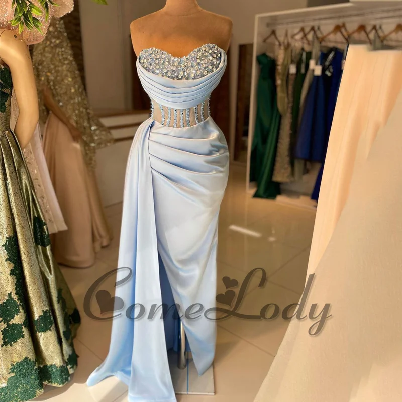 

Comelody Ball Gown dress for Women Luxury Saudi Arabric Strapless Crystals Illusion Backless Charming Side Slit Custom Made