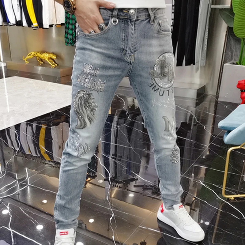 

Spring Jean Men Slim Small Foot Pant Rhinestones Men Jean Pant European Animal Fashion Brand Lion Jean Hombre Erkek Kot Pantolon