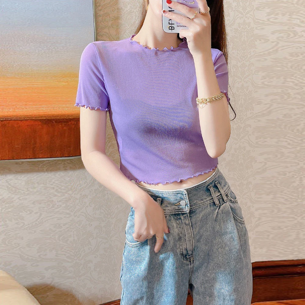 Women's O-Neck Short Sleeved T-shirt Kawaii Clothes Female Blouses Girls Mini Crop Top Y2k Transparent Elastic Mesh T Shirt 
Women's O-Neck Short Sleeved T-shirt Kawaii Clothes Female Blouses Girls Mini Crop Top Y2k Transparent Elastic Mesh T Shirt