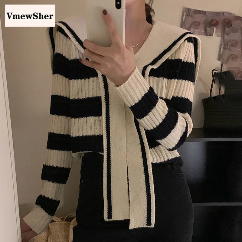 VmewSher New Autumn Spring Women's Clothing Strapping Sailor Collar Bow Sweaters Striped Long Sleeve Pullovers Knit Slim Top
VmewSher New Autumn Spring Women's Clothing Strapping Sailor Collar Bow Sweaters Striped Long Sleeve Pullovers Knit Slim Top
