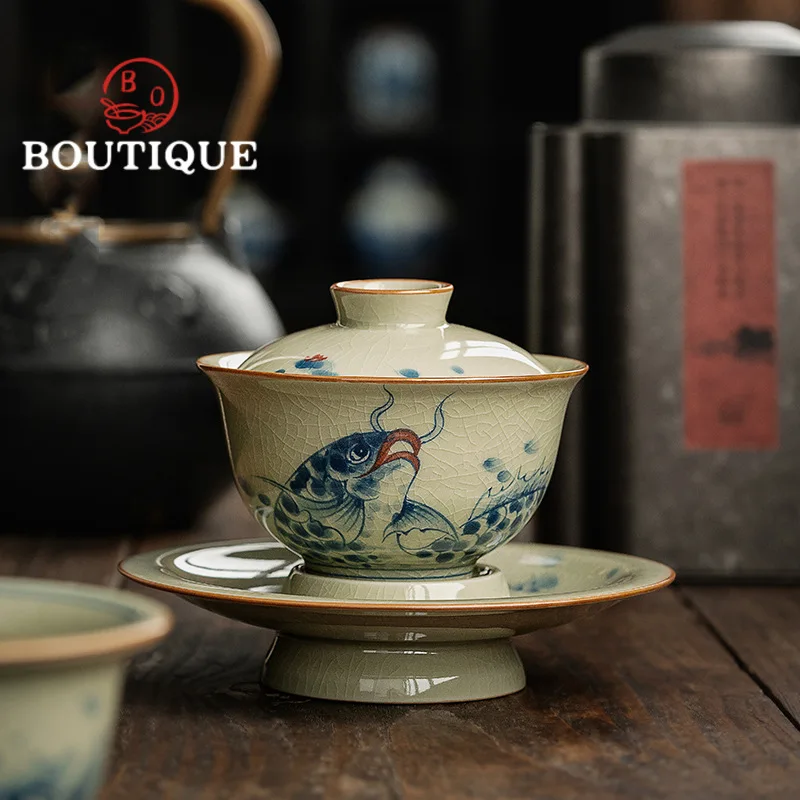 

155ml Hand-painted Pottery Clay Gaiwan Ru Porcelain Fish Dargon Bowls Tea Tureen Tea Maker Cover Bowl Jingdezhen Tea Items Gift