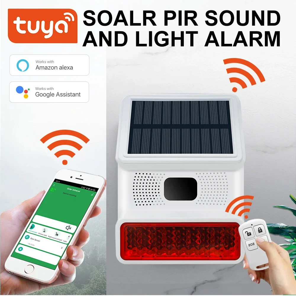 

Tuya WiFi Solar Siren Outdoor Waterproof with LED Flashing Light Function as Home Security Alarm System Kit PIR motion sensor