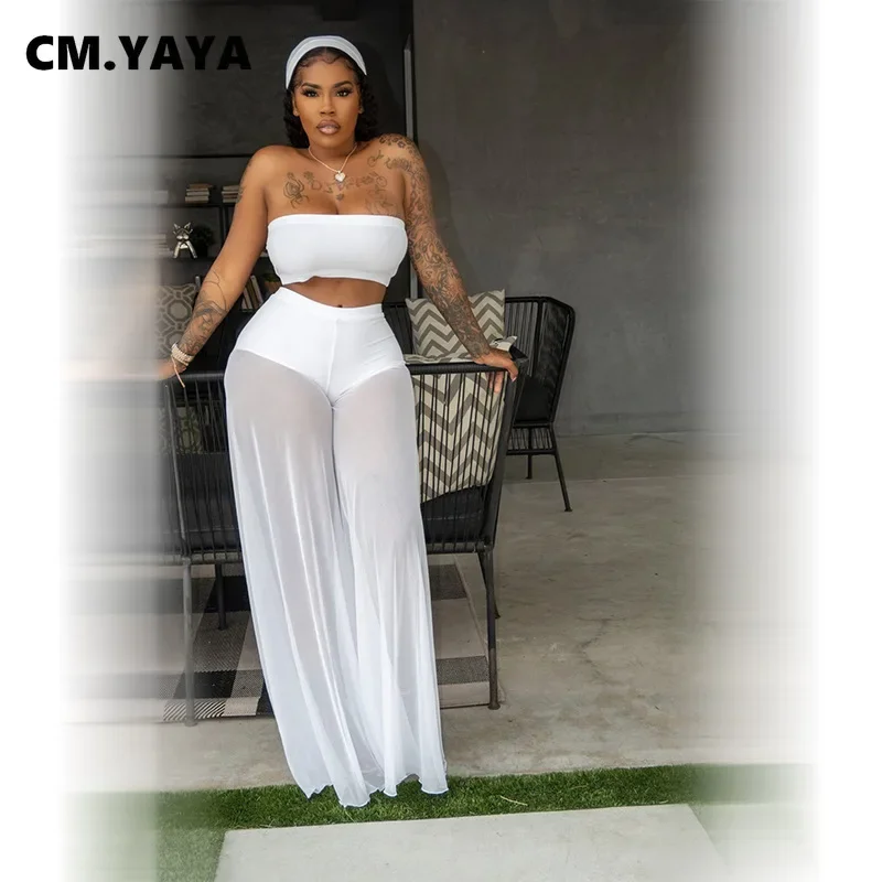 

Women Set Mesh See-through Solid Sleeveless Strapless Crop Tops Straight Long Pants 2 Two Piece Sets Sexy Outfit Summer