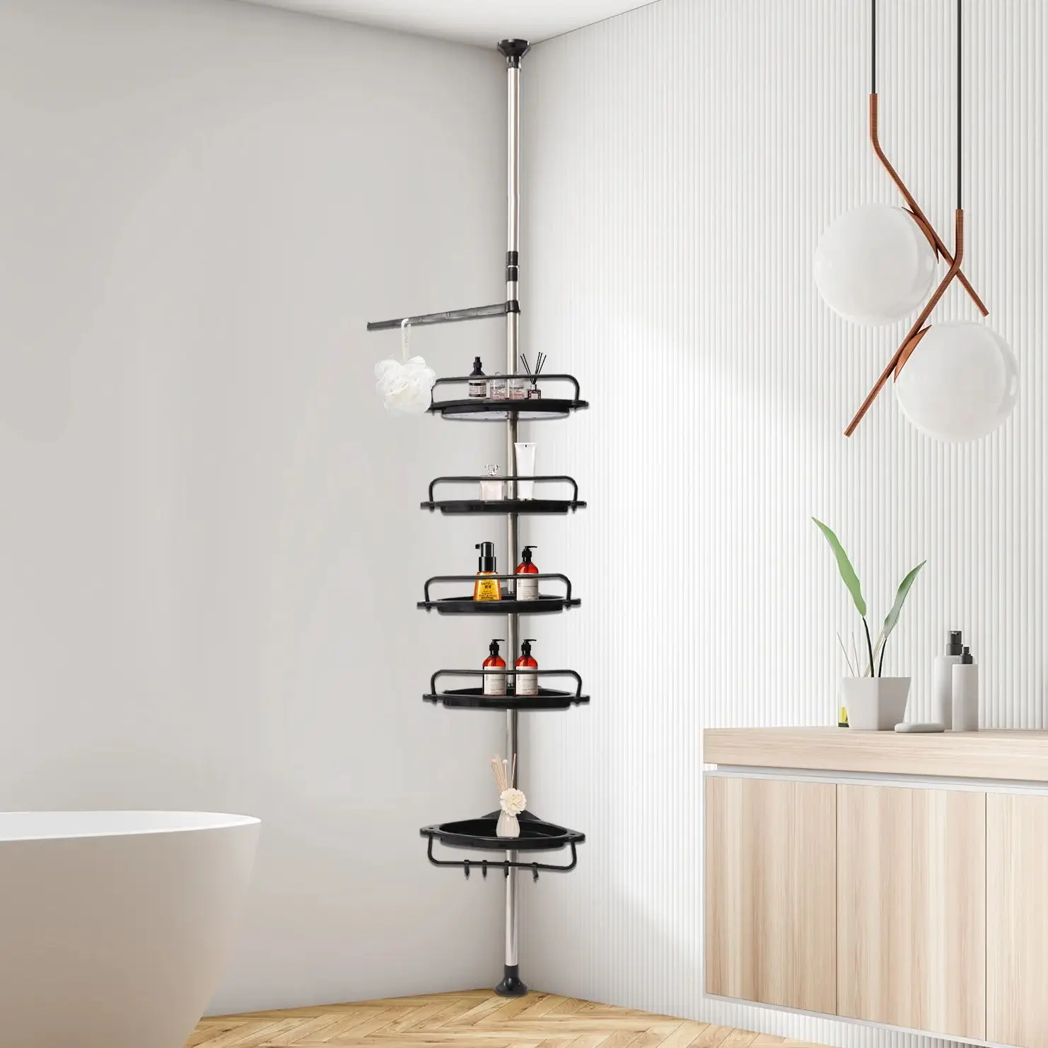 

Rustproof Shower Corner for Bathroom Bathtub Storage Organizer For Shampoo Accessories 5-Tier Adjustable Shelves with Tension