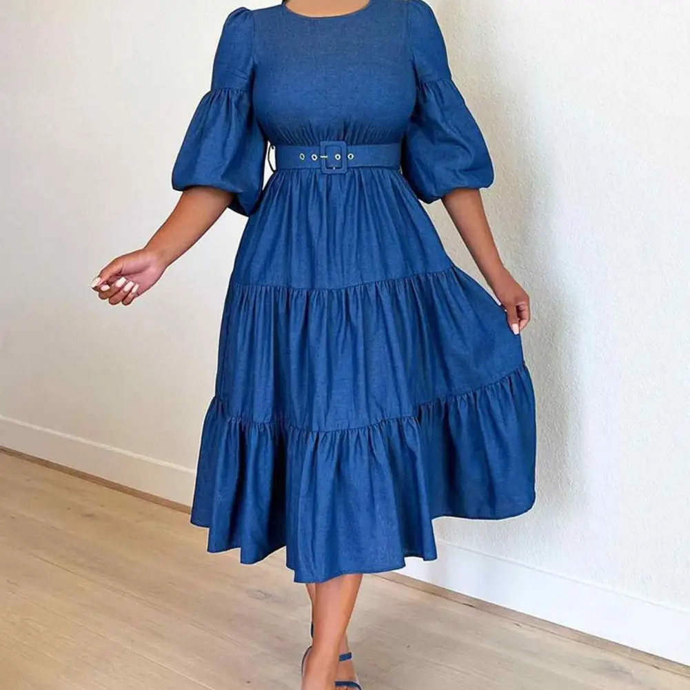 

Solid Color Dress Elegant A-line Midi Dress with Puff Sleeves Belted Waist Soft Patchwork Pleats for Women Women Round Neck