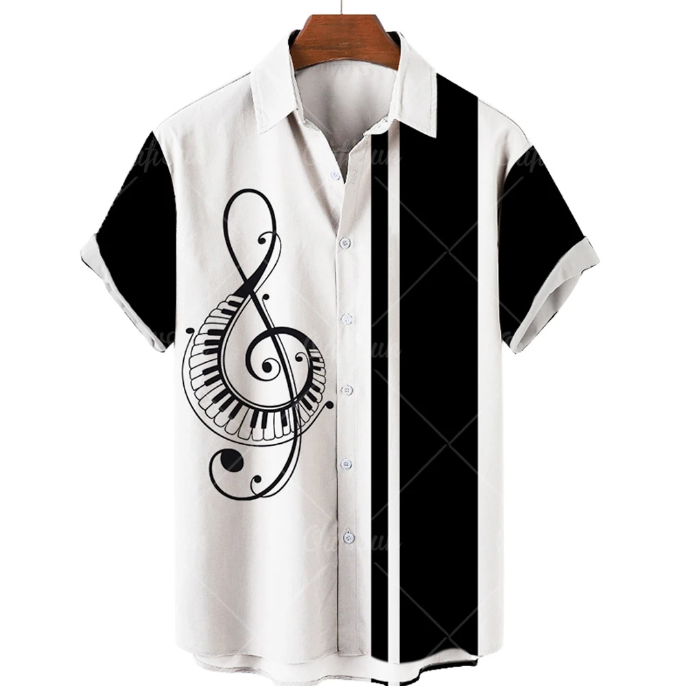 

Beach Hawaiian Shirt Black White Music Print Shirt Men Women High Quality Casual Single Button Lapel Top 5XL
