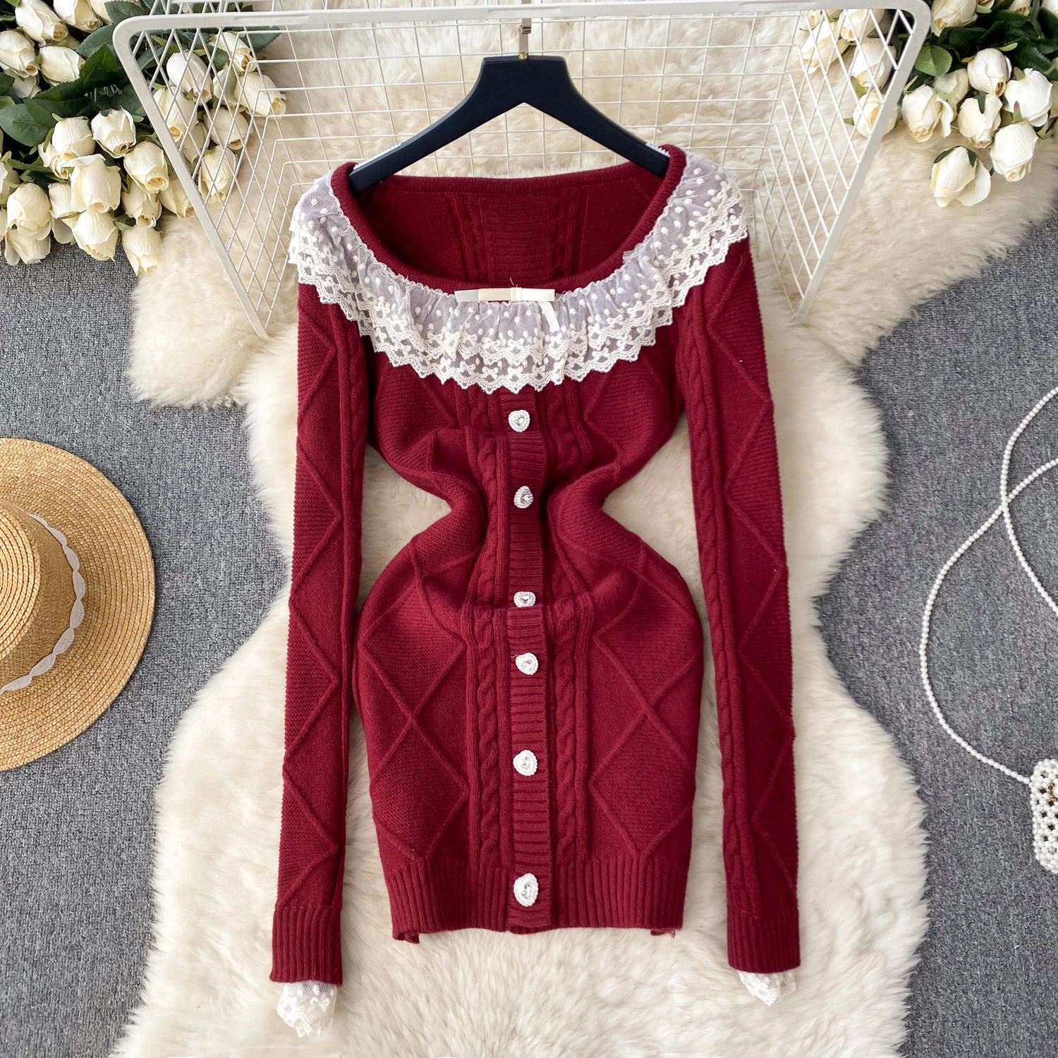 

Clothland Women Sexy Lace Patchwork Knitting Dress Long Sleeve Scoop Collar Candy Color Stretchy Sheath Mini Dresses QD222