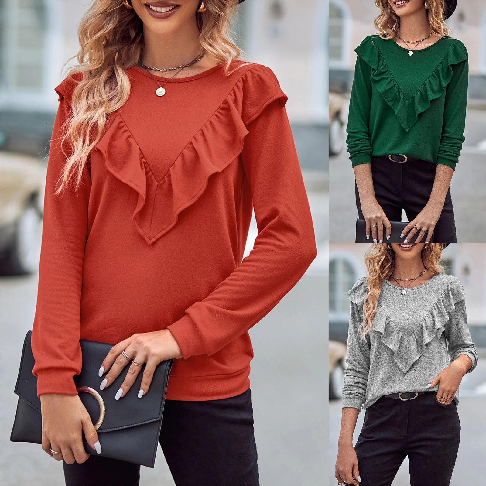 Fashion casual women's autumn and winter solid color slim fit knitted round neck ruffled top for women
Fashion casual women's autumn and winter solid color slim fit knitted round neck ruffled top for women