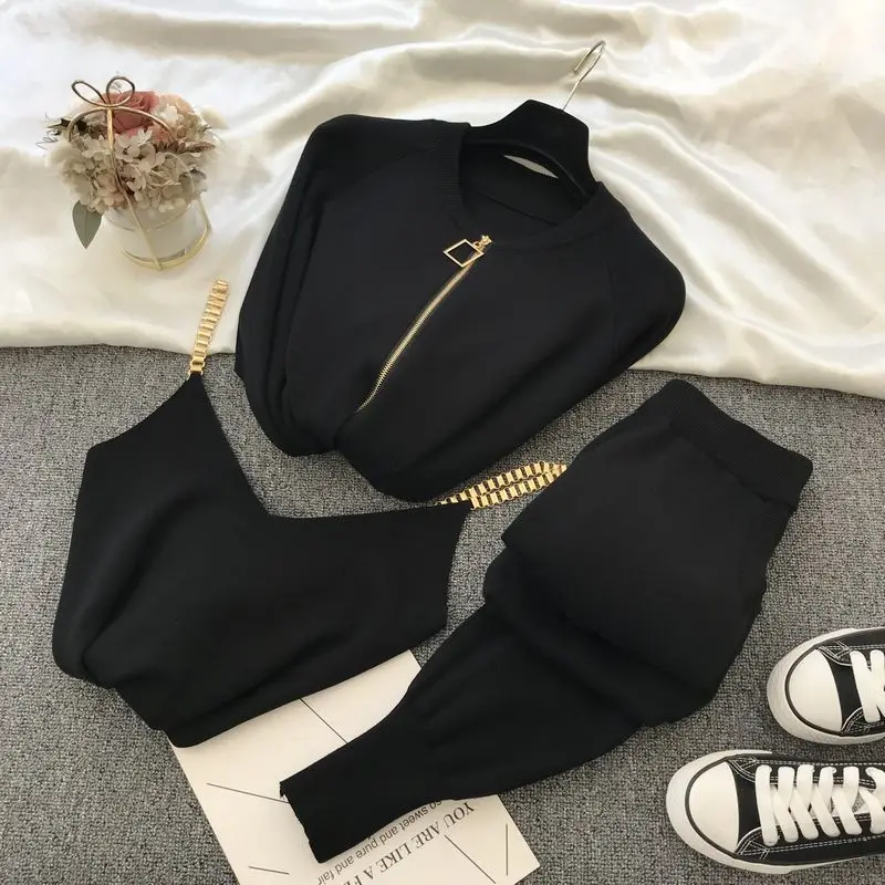 

Fashion Women 2021 Autumn Winter Knitted Vest Zipper Cardigans Pants 3pcs Sets Tracksuits Outfits Women's Clothing