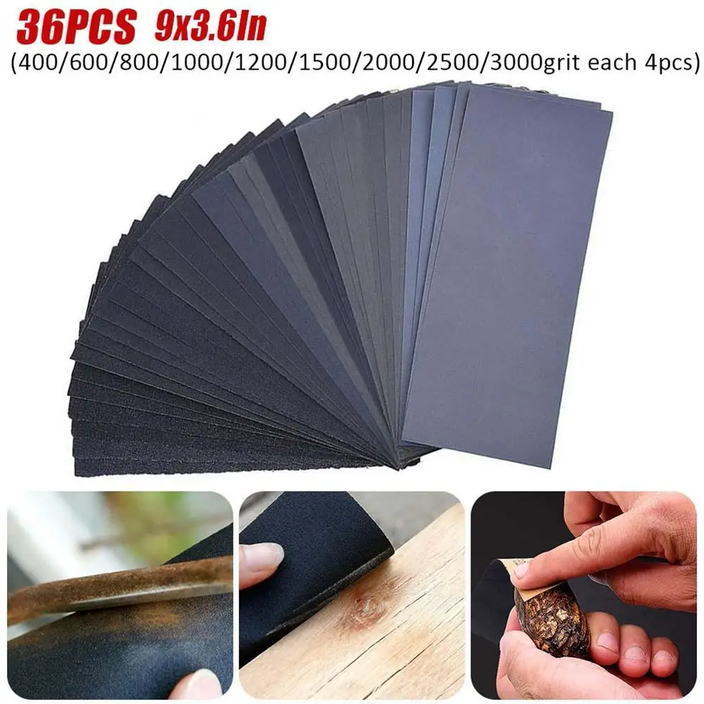 36 Piece High Quality Silicon Carbide Sand Paper Set Mixed Wet and Dry Assorted Grits 400 3000 for Auto Repairs
36 Piece High Quality Silicon Carbide Sand Paper Set Mixed Wet and Dry Assorted Grits 400 3000 for Auto Repairs