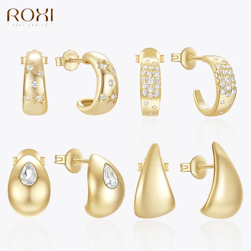 

ROXI S925 Sterling Silver Smooth Large Moon Shape Stud Earrings For Women Punk Korean Zircon piercing Party jewelry Gifts