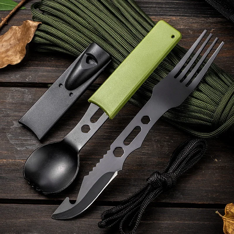 

Outdoor Portable Folding Knife Fork Spoon Tableware Field Multi-functional Camping Whistle Bottle Opener Mini Survival Tool EDC