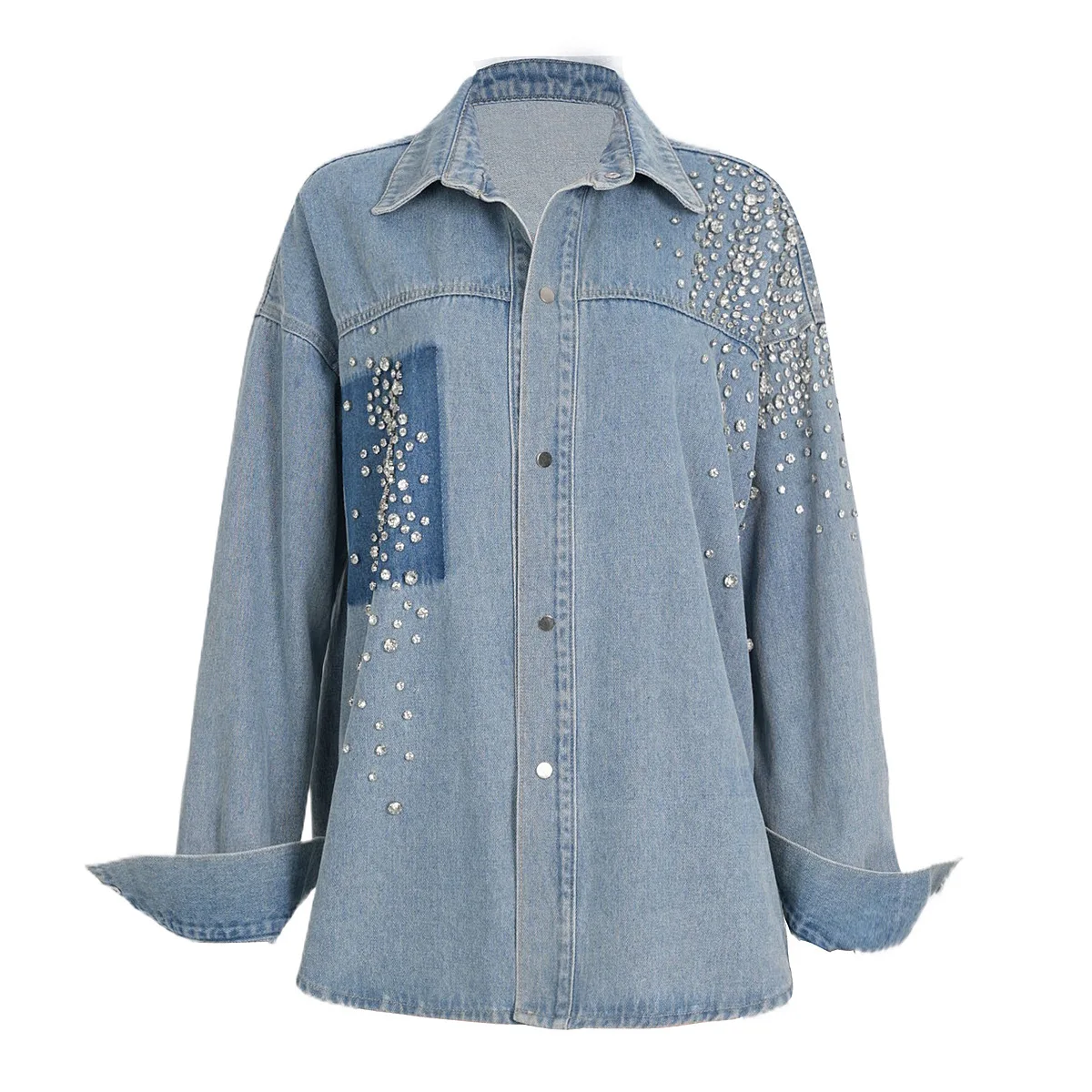 

Chic Diamonds Irregular Washed Denim Shirt Coat Rhinestones Patchwork Jeans Jacket Contrast Color Spliced Crystal Cardigan Tops