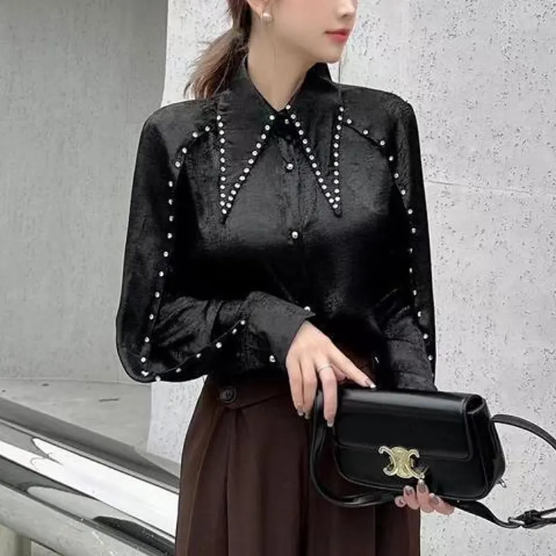 

Hong Kong Style Fashion Bright Silk Blouse Spring Autumn Turn-down Collar Commute Female Clothing Spliced Chic Diamonds Shirt