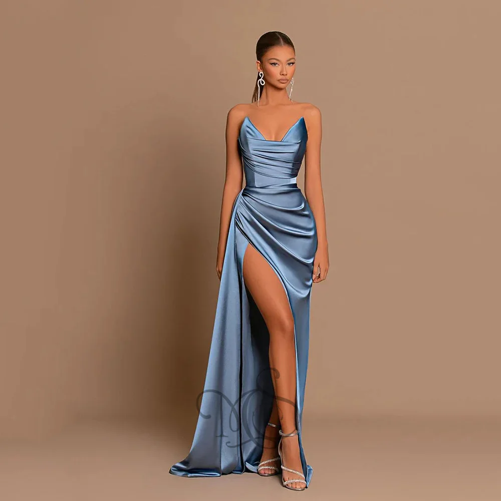 

Modern Evening Dresses 2023 Satin V-Neck Sleeveless Prom Dress High Side Split Mermaid Sweep Train Vestidos De Graduación