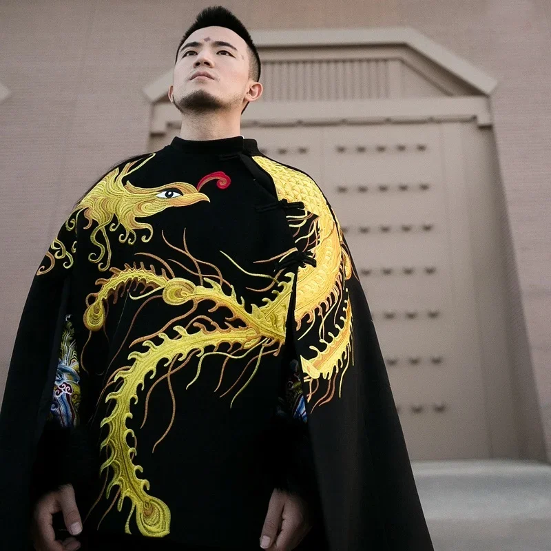 

Chinese Cloak Dragon Embroidery Woolen Coat Traditional Chinese Costume Man New Year Chinese Style Clothing Men Cape 11612