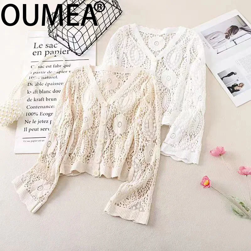 

OUMEA Women Cotton Crochet Cardigans Solid Color Floral Pattern Beach Cover Ups Buttons Front Long Sleeve Casual Blouse