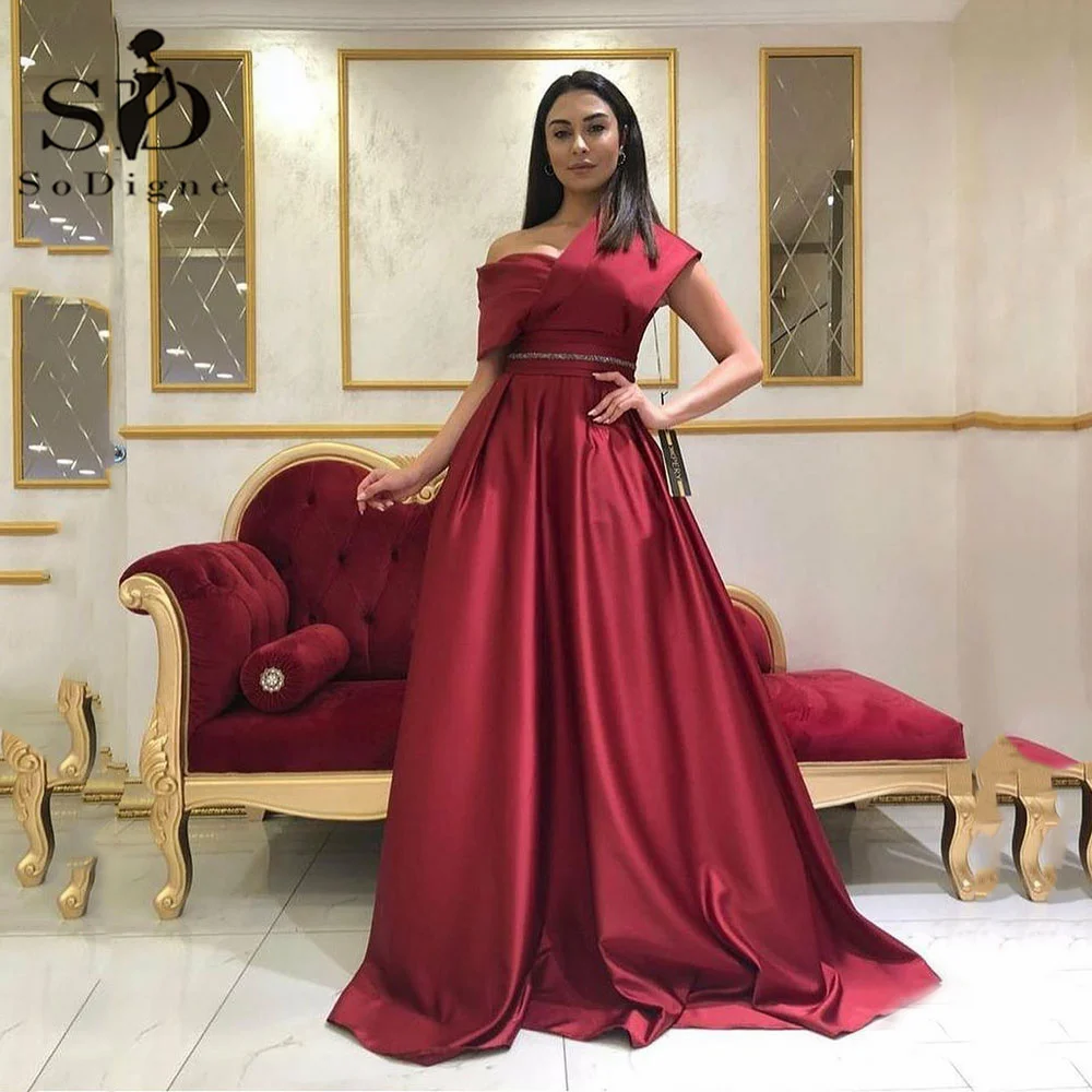

SoDigne Gorgeous Long Satin Evening Dress With Beads Belt 2022 Off The Shoulder Party Gowns Burgundy Prom Gowns robes de soiree