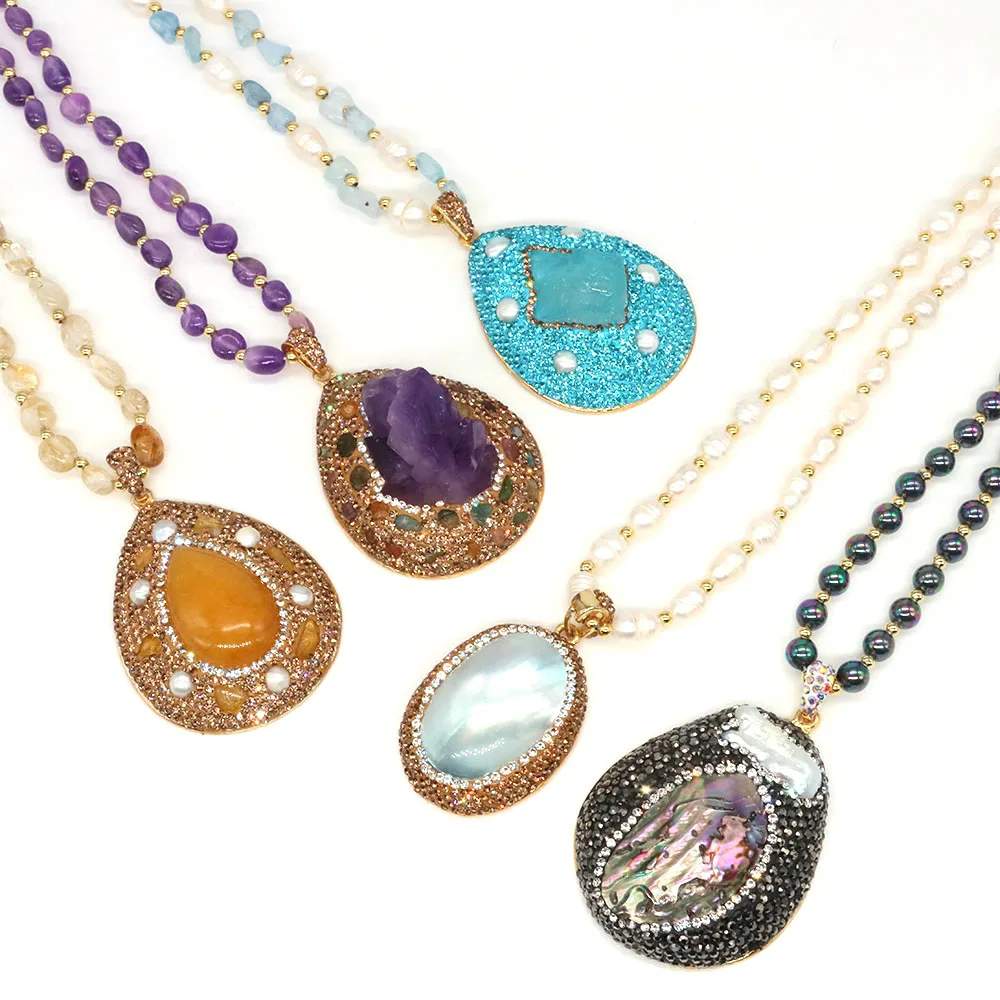 Natural Chip Crystals and Stones Pendant Necklace Baroque Pearl Rhinestone Droplet Necklaces for Women Lady Fashion Jewelry Gift
Natural Chip Crystals and Stones Pendant Necklace Baroque Pearl Rhinestone Droplet Necklaces for Women Lady Fashion Jewelry Gift
