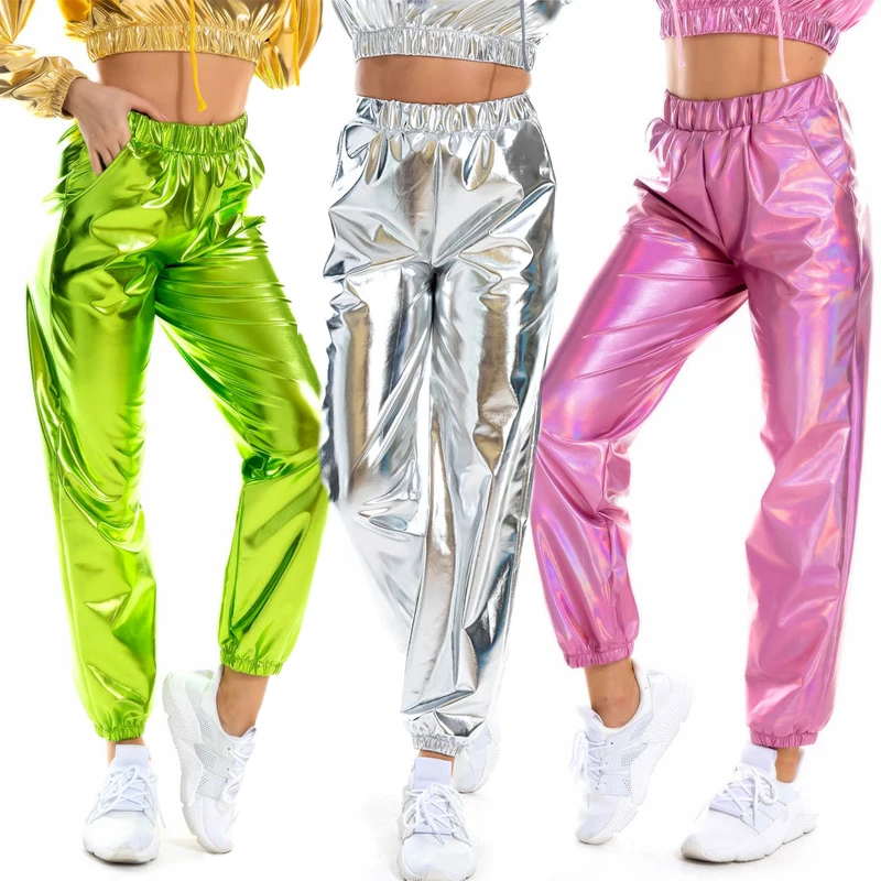 

Women Shiny Holographic Pants Loose High Waist Metallic Trousers Dance Performance Hip Hop Pants Streetwear Joggers Bottoms Club