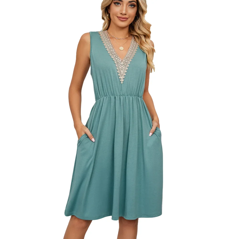 2024 Summer New Women's Dress Solid Color V-neck Lace Splicing Sleeveless Pocket Waist Dress
2024 Summer New Women's Dress Solid Color V-neck Lace Splicing Sleeveless Pocket Waist Dress