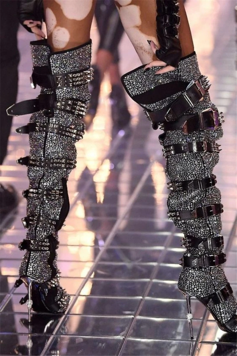 Ghosthead Heels Metallic Rivets Thigh High Boots Women Pointed Crystal Punk Over knee Boots Lady Buckle Belt High Heels Shoes
Ghosthead Heels Metallic Rivets Thigh High Boots Women Pointed Crystal Punk Over knee Boots Lady Buckle Belt High Heels Shoes