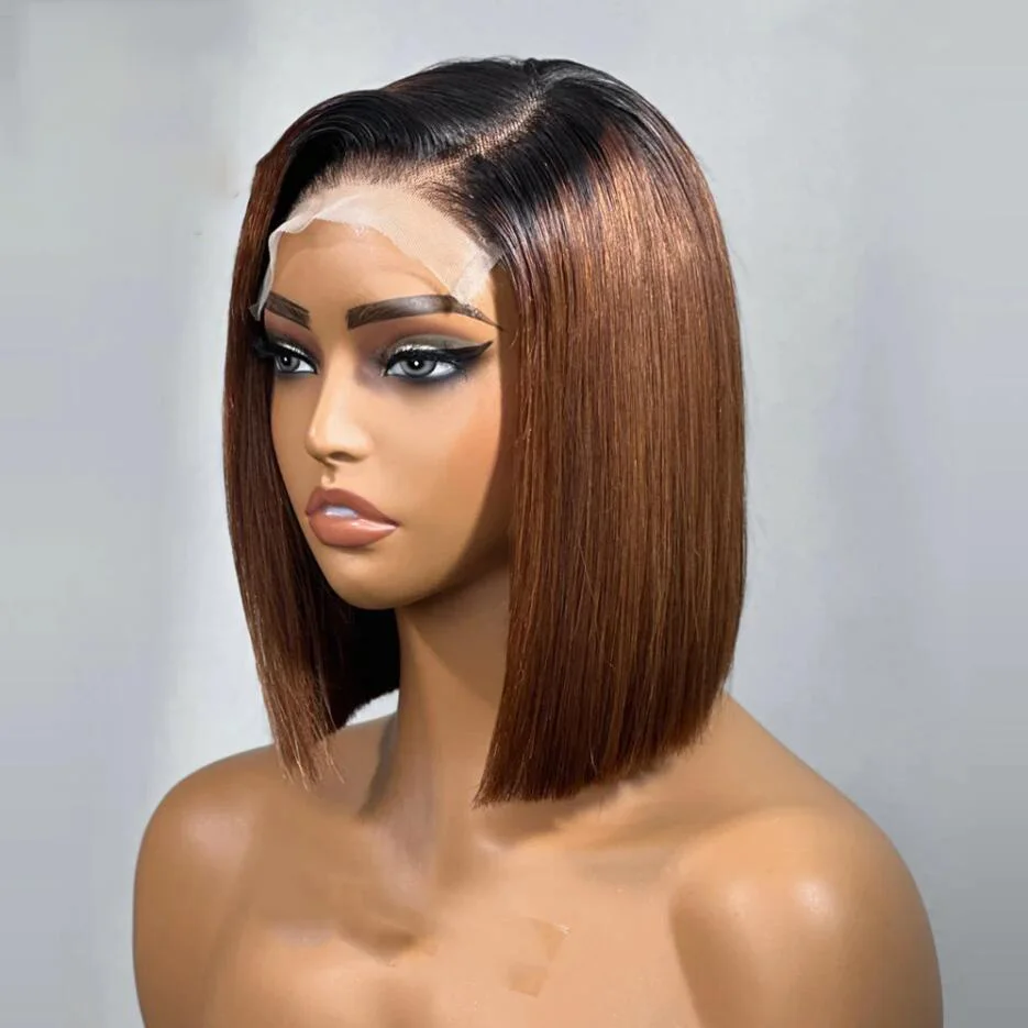 

Soft 180%Density Natural Hairline Ombre Brown Short Bob Preplucked Silky Straight Lace Front Wig For Black Women BabyHair Daily