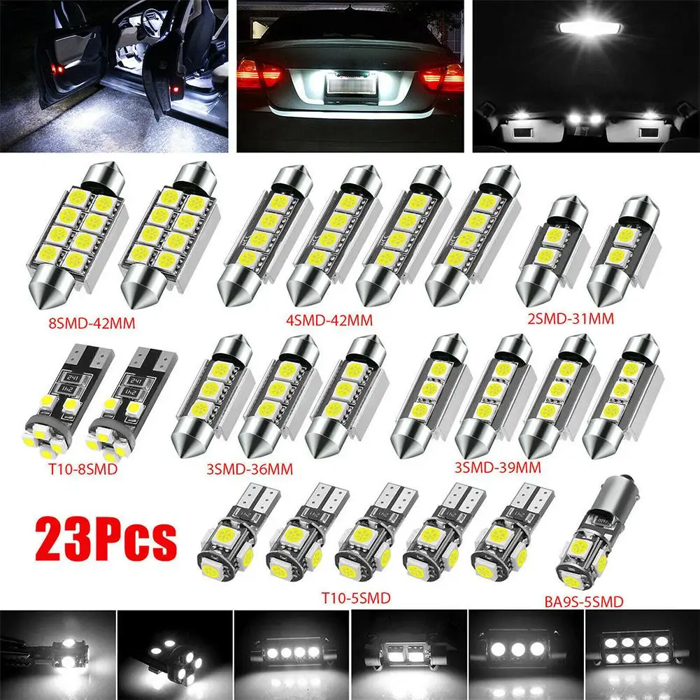 23pcs Car Led Interior Light Bulbs T10 5050 Canbus Rear View Light Dome Trunk License Plate Lamps Kit
23pcs Car Led Interior Light Bulbs T10 5050 Canbus Rear View Light Dome Trunk License Plate Lamps Kit