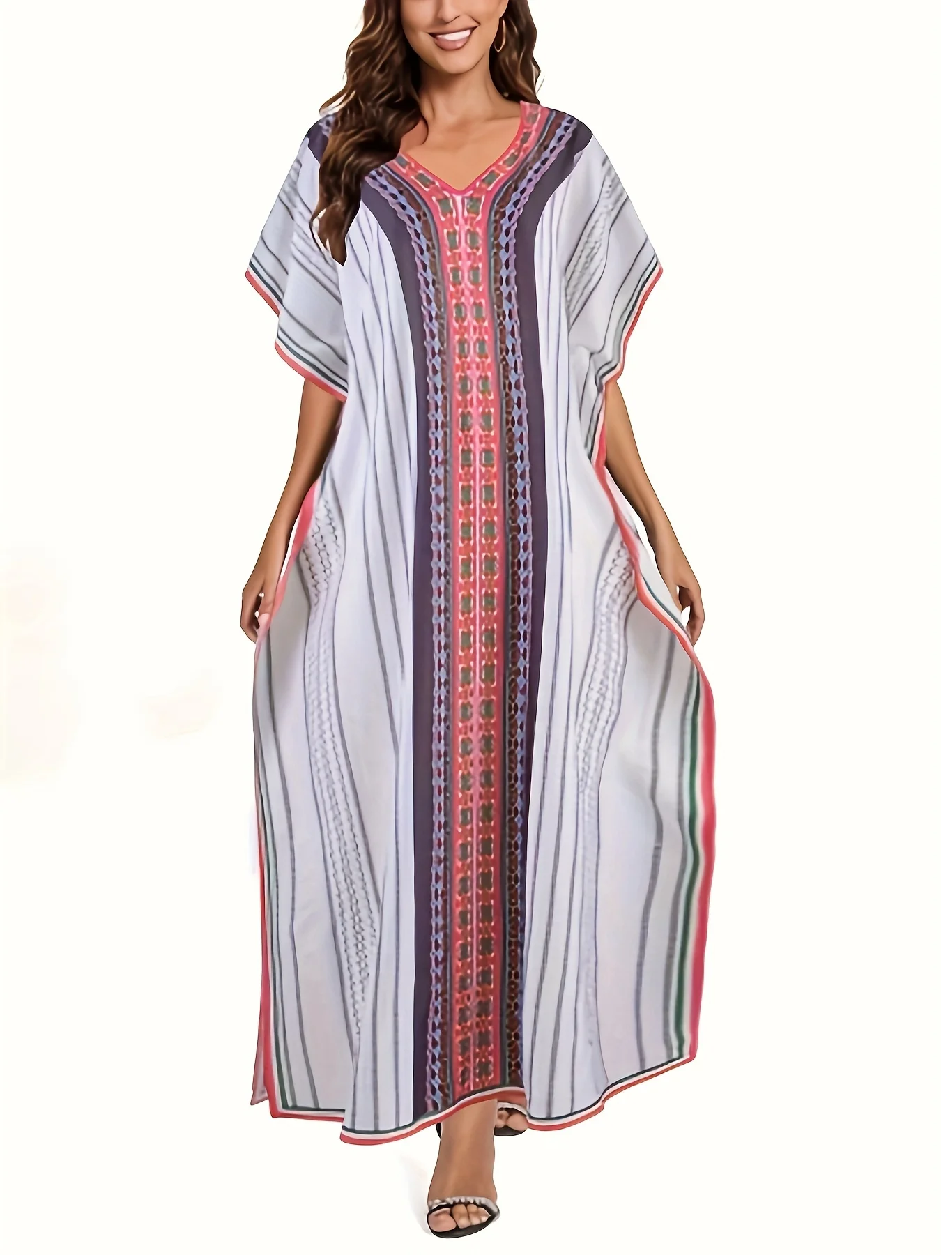 

odoodem striped v neck kaftan dress elegant batwing sleeve loose fit maxi dress women's clothing