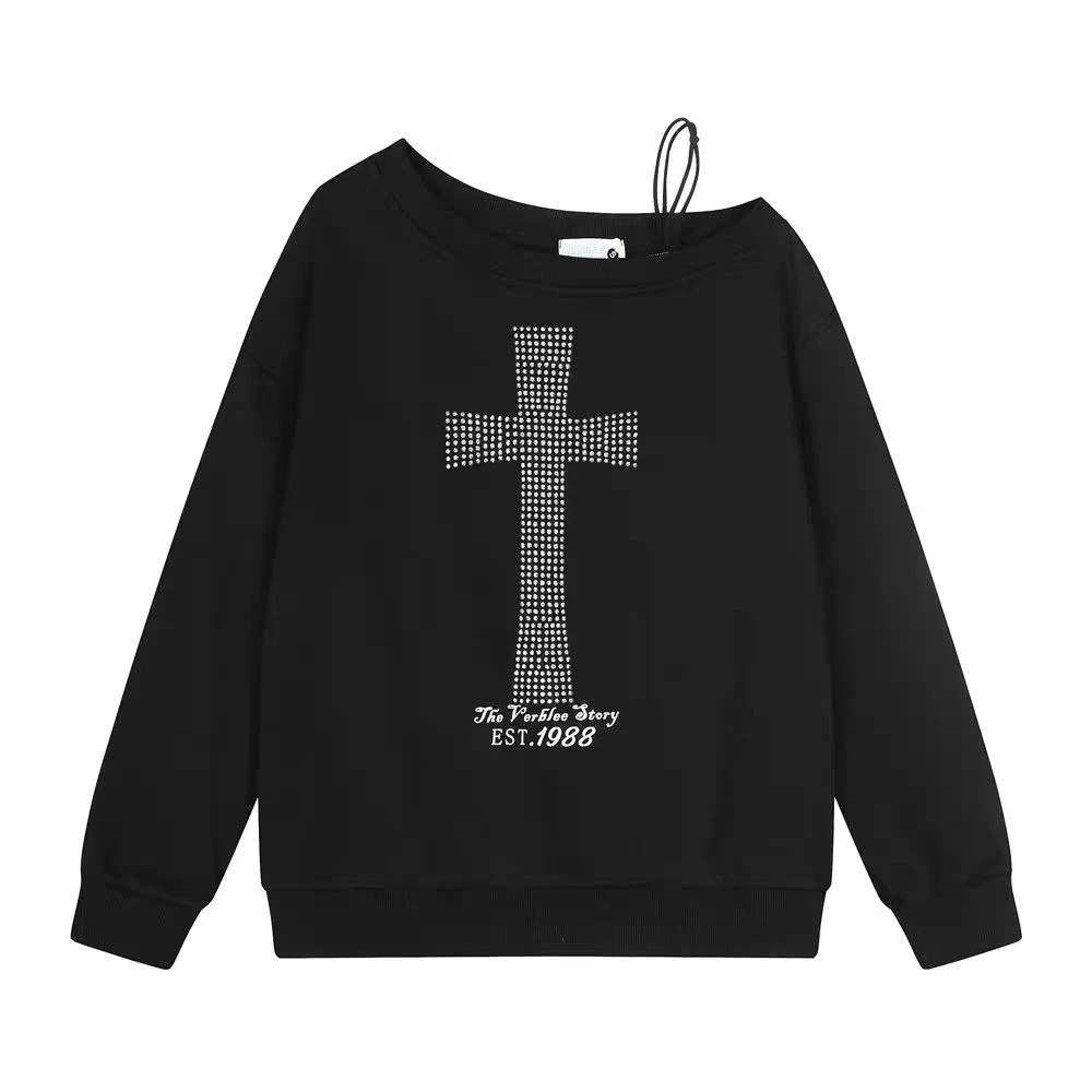 Seeslim Cross One-shoulder Graphic Hoodies Long Sleeve Black Women's Sweatshirts Harajuku Grunge 2000s Clothes Y2k Autumn Tops 21 S2b9ff24742b14dac89b08492c2981f9d6